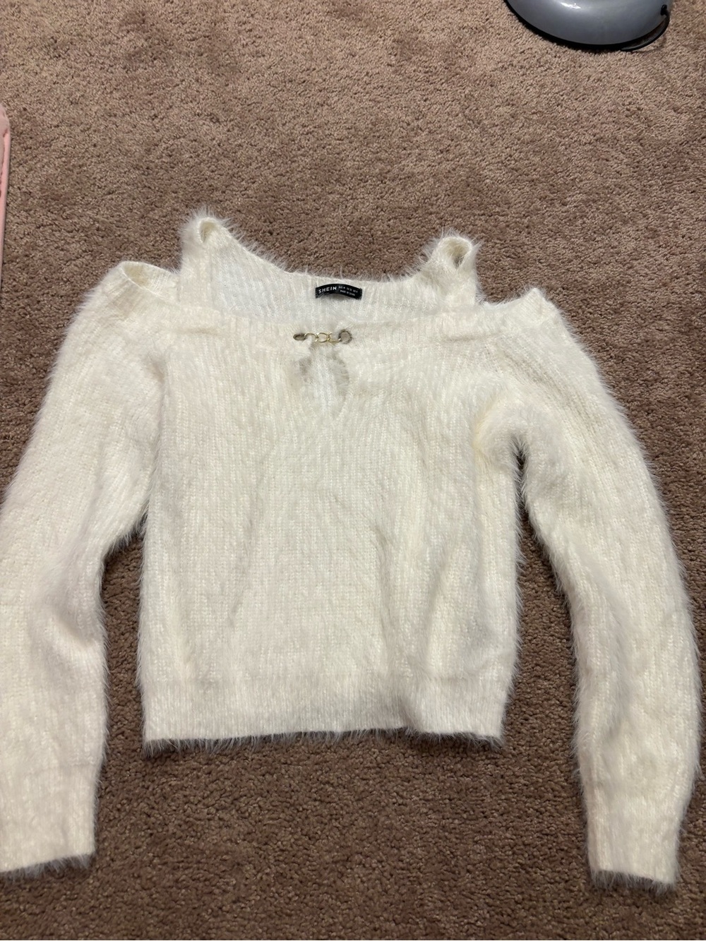 SHEIN Cream Off-Shoulder Fuzzy Knit Sweater with Front Clasp